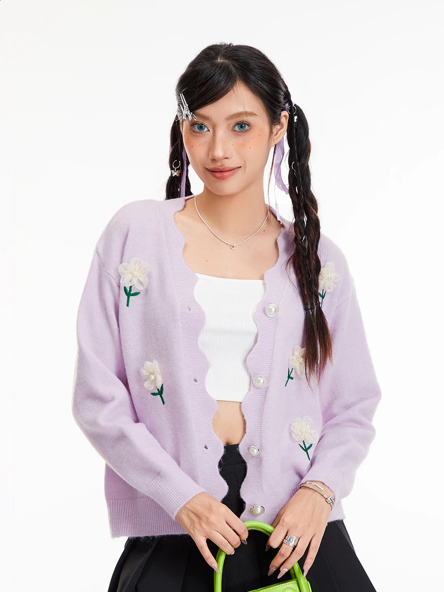 wsevypo Sweet Fairy Flower Decor Knit Cardigans Womens Preppy Style Long Sleeve V Neck Button down Loose Sweaters Outwear 240812