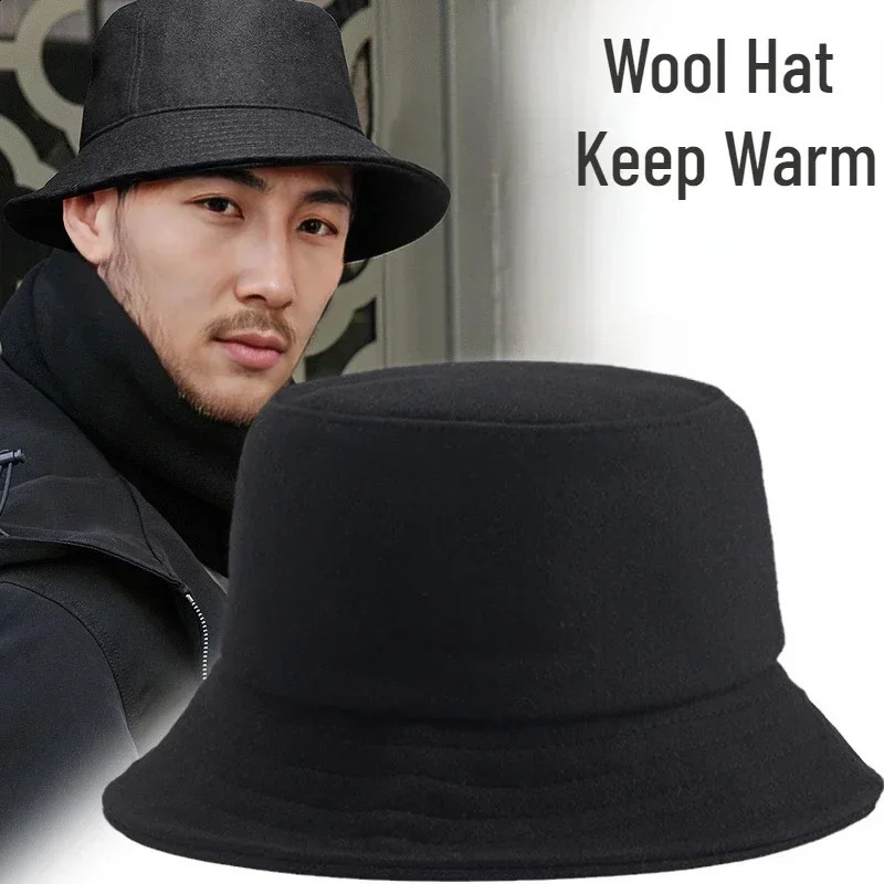 Winter Wool Bucket Hat Mens and Womens Warm Neutral Fishermans Big Brim Fashion ner Solid Color Small Face 240812