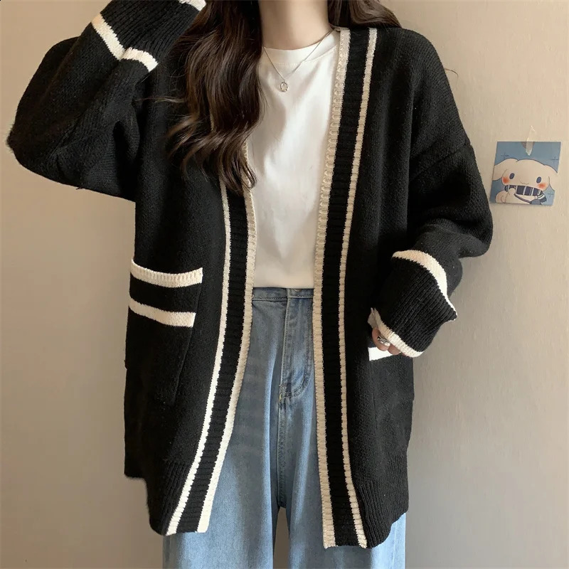 Varsity Cardigan Long Sleeve V-Neck Open-Front Sweaters Knit Jacket for Women Preppy Style 240812