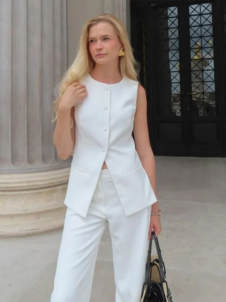 Elegant Vest Pants Sets Women 2 Pieces Sleeveless O-neck Single Breasted Top High Waist Wide Pant Summer Office Lady Outfit 2024 240813