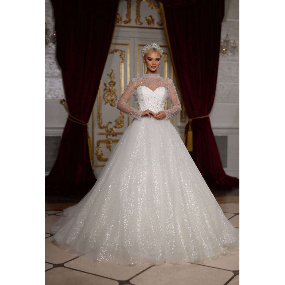 Princess A-Line Gown Wedding Dresses Pearls Sequins Lace High-Neck Bridal Gowns Plus Vestidos De Novia Custom Size Colour