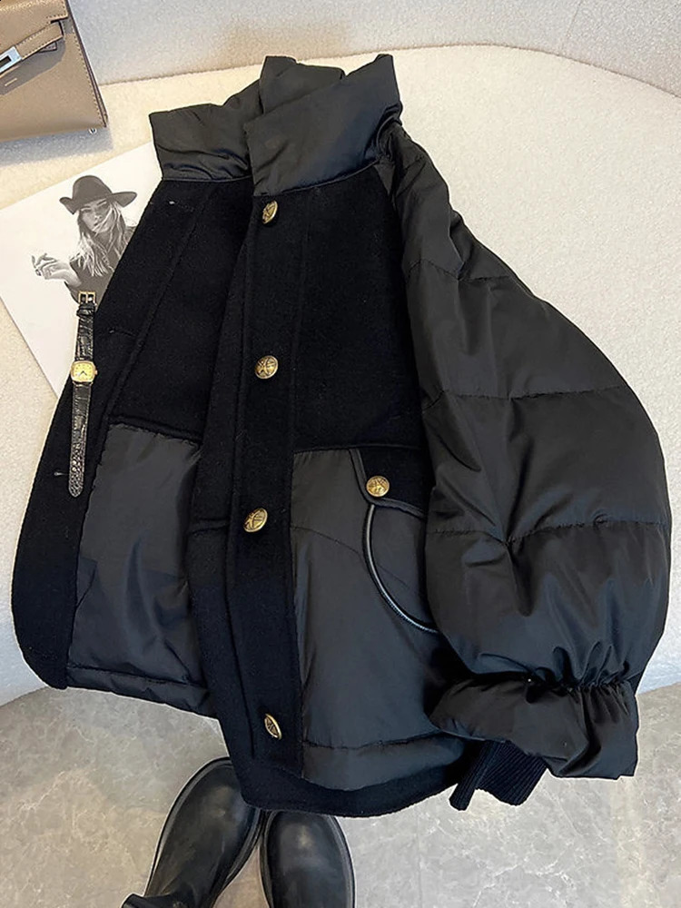 Black Padded Jacket Women Casual Loose Cotton Coat Winter Oversize Thick Warm Parkas Lady Fashion Super Stand Collar 240812