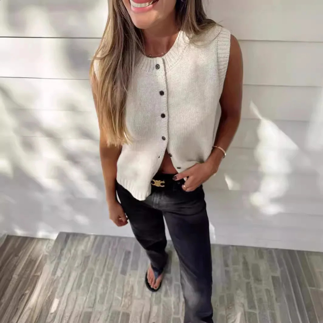 Summer Knitted Cardigans Women Elegant Fashion Button Sleeveless Tops Solid Basic Casual Loose Vacation Holiday Vests Gray 240813