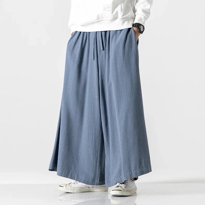 Chinese Style Cotton Linen Men Clothing Casual Wide Pants Loose Plus Size Breathable Comfortable Harajuku Oversized Men Trousers 240814