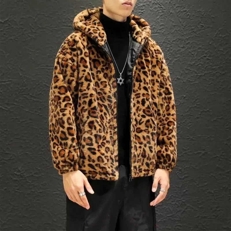 autumn and winter leopard print jacket fashionable zipper hooded casual loose cotton windproof for men women 240812