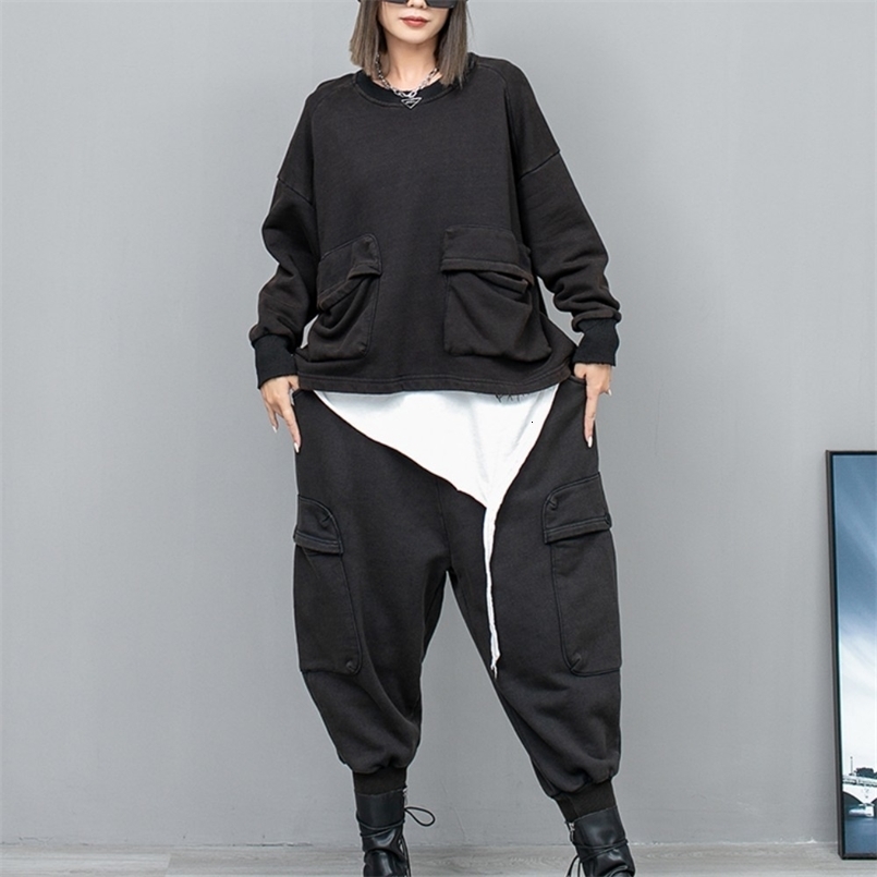 Spring Autumn Big Pocket Round Neck Long Sleeved Hoodie Small Leg Haren Pants Two-piece Set Women LX768 240812