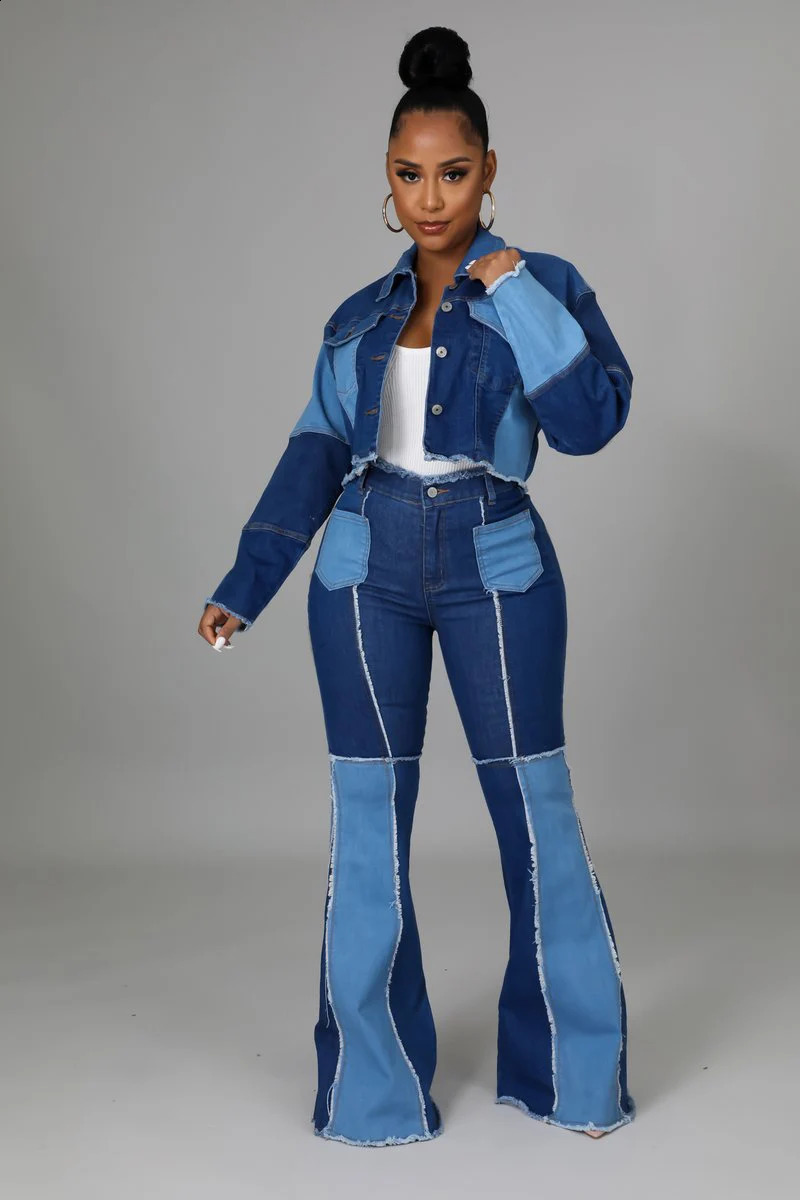 Womens Matching Set Denim Patchwork Vintage Short Jacket and Flare Pant Two Piece Set Outfit Autumn Casual Y2K Fashion Sets 240813