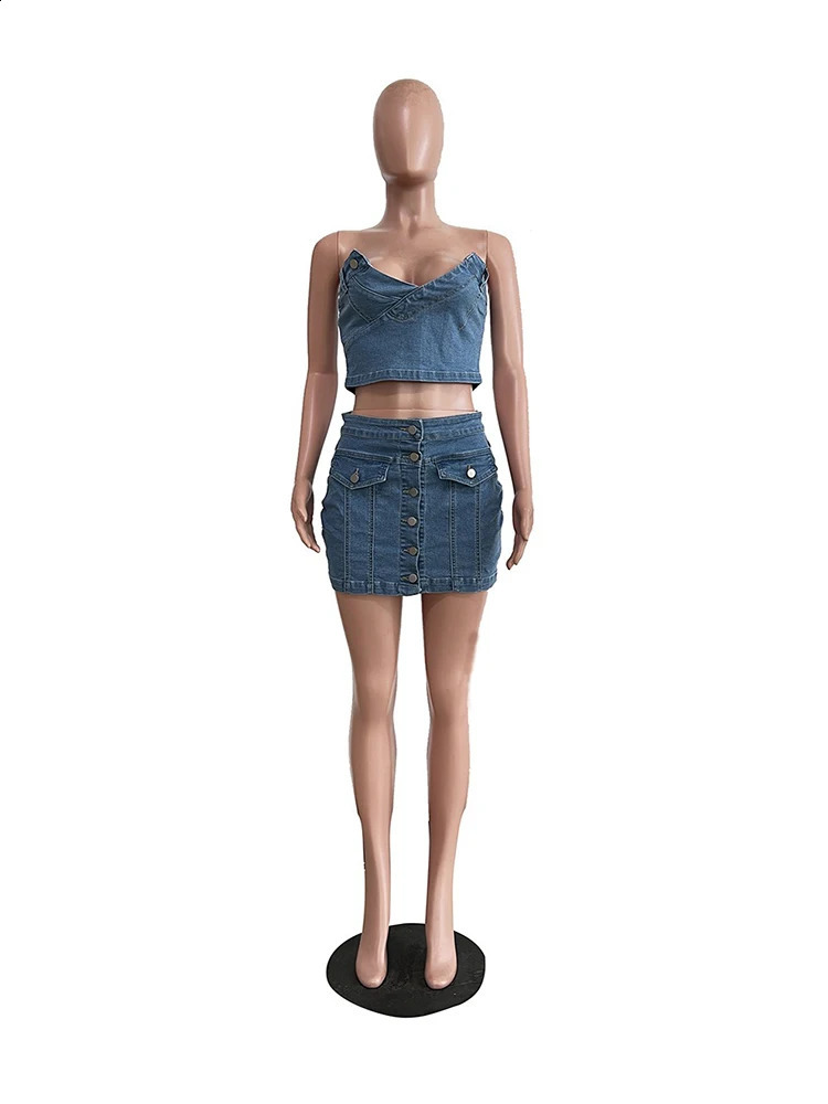 Summer Women 2 Piece Set Denim Fashion Female Cover Up Vest and Mini Skirt Sets Sexy Suit Wholesale Drop 240812