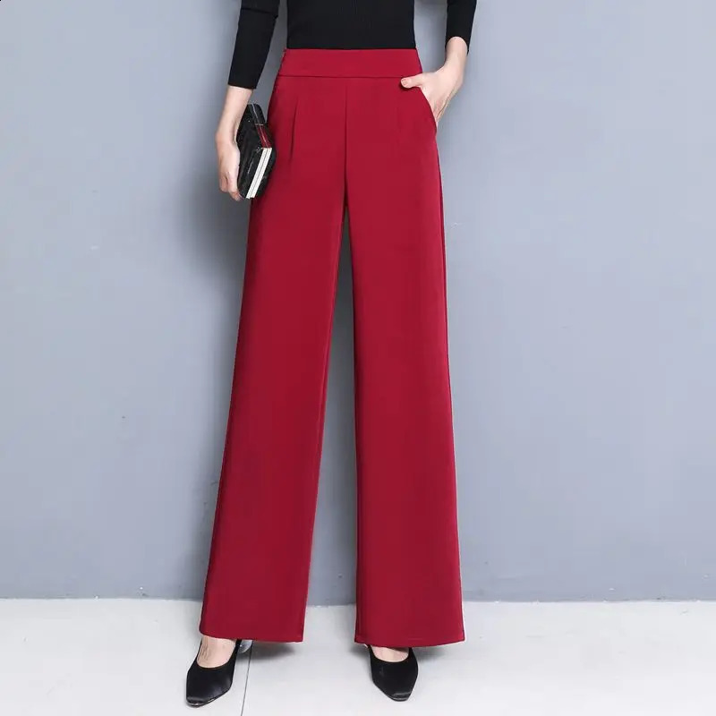 Spring and Autumn Womens Solid Color Elastic High Waist Wide Leg Loose Fit Straight Leg Long Fashion Elegant Pants 240812
