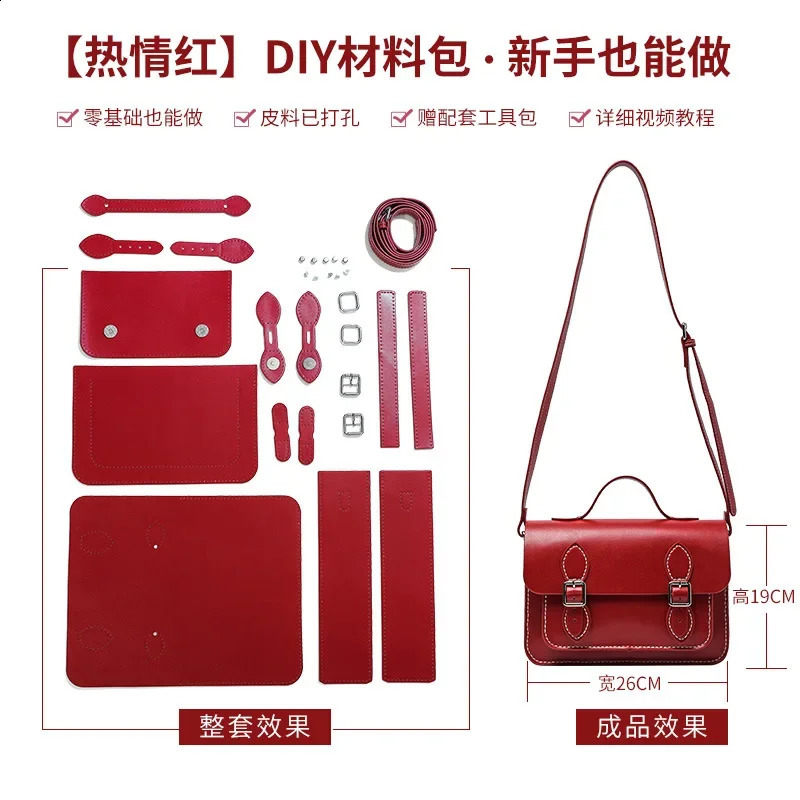DIY Leather Cambridge Bag Handmade Sewing Womens Cross Shoulder Bag Handmade Semi finished Set Blue Red Black Green Brown 240812