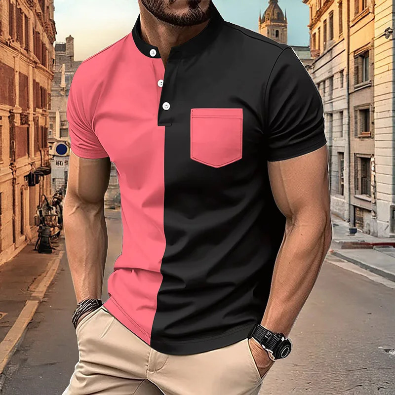 Mens Short sleeved Polo Shirt 2024 Summer Classic Pocket Fashion Panel Henley Shirt Mens Casual Polo Shirt 240813