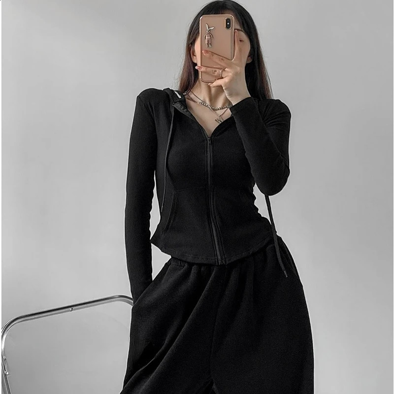 Zipper Hooded Women Solid Gray Long Sleeve Slim Fit Sudaderas Para Mujer Short Zip Up Sweatshirt American Vintage Coats Spring 240812