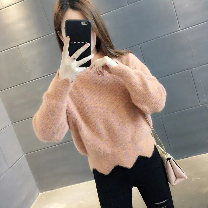 Women Winter Korean Half High Neck Pullover Mink Plush Sweater Trendy Jacquard Knit Bottom Shirt Warm Loose Long Sleeve Tops 240812