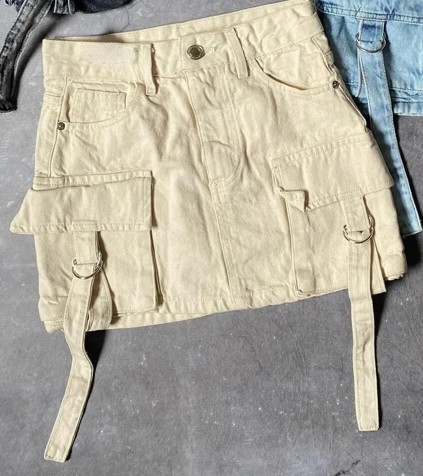 Harajuku Multi Pocket 2024 Y2k Skirt Solid Color Mini A Line Women Denim Skirts Fashion Casual Versatile Streetwear 240812