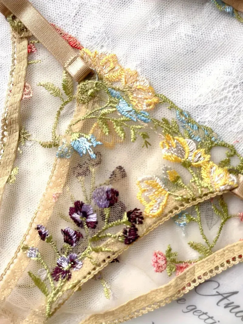 Yimunancy Floral Embroidery Lingerie Set Women Sheer 2-Piece Boho Bra Panty Underwear Set Intimates 240812