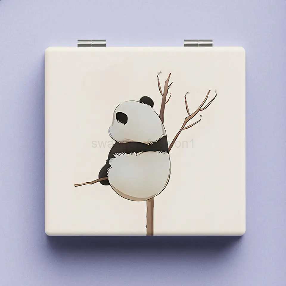 Cute Panda Pattern Makeup Mirror Double-Sided Mini Folding PU Mirror Cosmetic Tool Portable Square High-definition MirrorXJ240813
