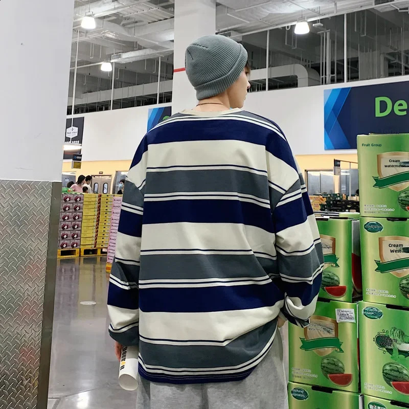 Striped Long Sleeve T-shirt For Men Spring Autumn Harajuku Hong Kong Style Ins Trendy Versatile Top Loose Fit Casual Round Neck 240812