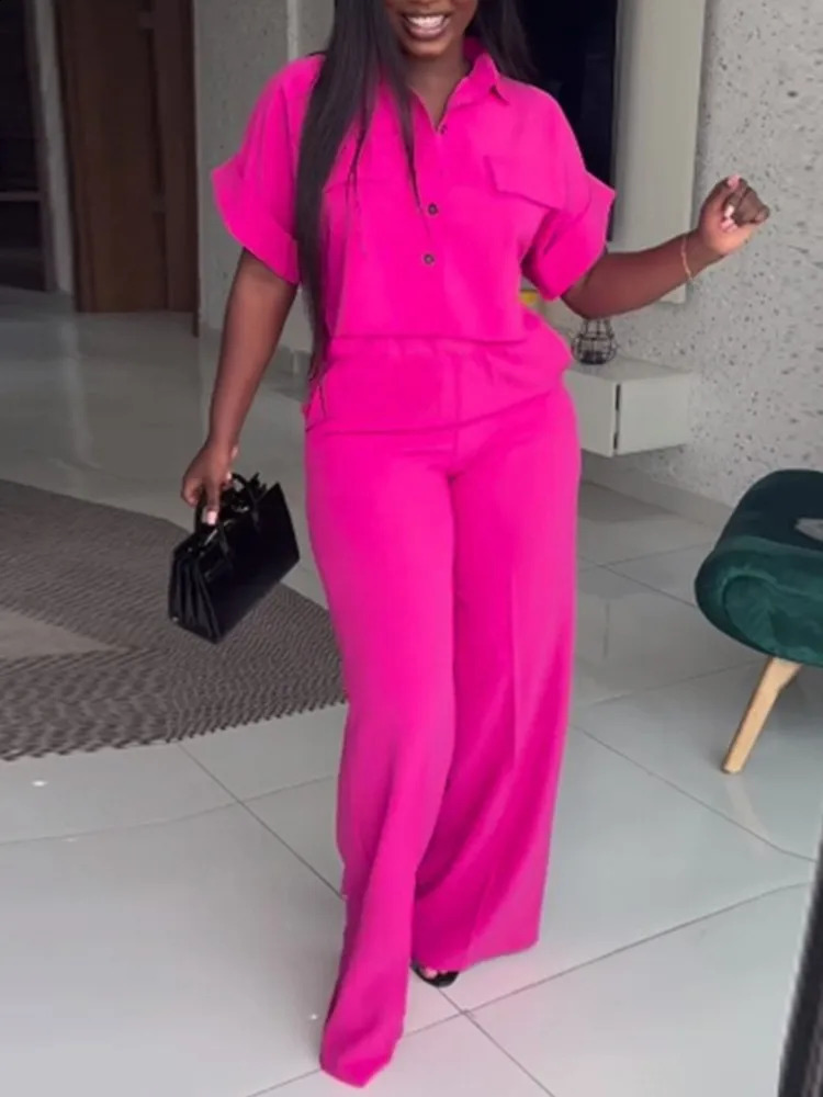 Casual Womens Solid Two Piece Sets Spring Summer Turn-down Neck Short Sleeve Loose Top Wide Leg Pants Set Streetwear Outfits 240813