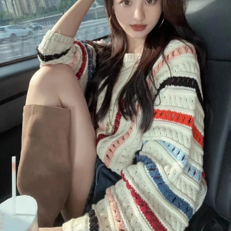 Rainbow striped long sleeves knitted sweater for womens spring autumn hook flower hollowed out round neck short sweater top 240812