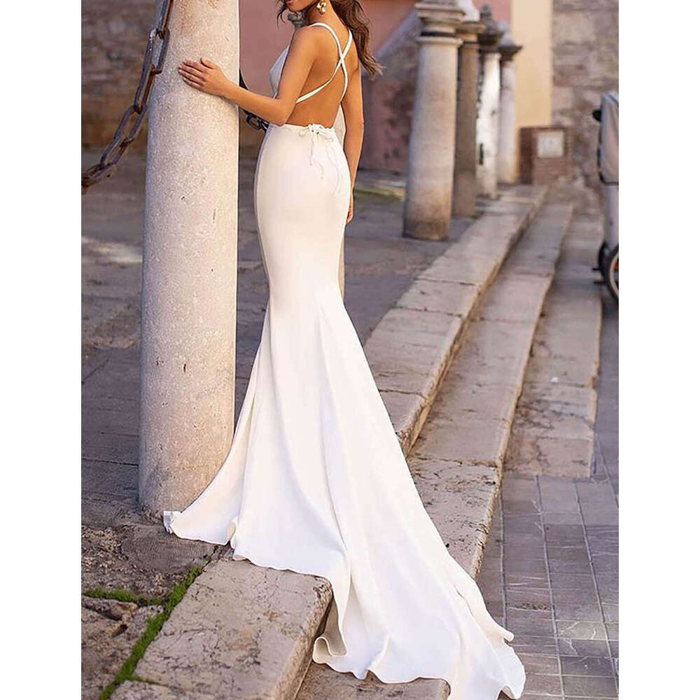 Mermaid Simple Gown Wedding Dresses Sashes Satin Backless V Neck Bridal Gowns Plus Vestidos De Novia Custom Size Colour S Estidos