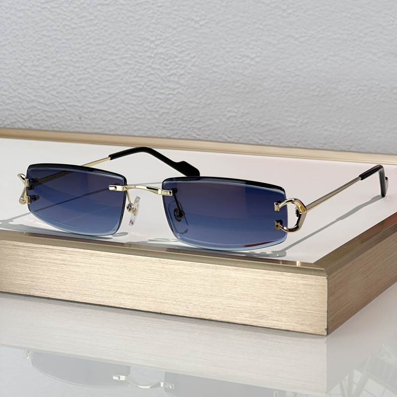 Blue Rimless Rectangle Sunglasses for Women Men Stylish Glasses Y2K Designer Sunglasses Dark Grey Summer Sunnies UV400 Eye Protection with Case