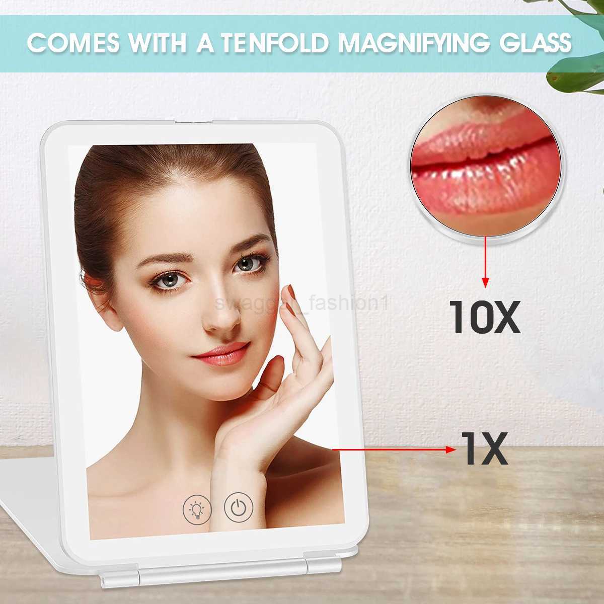 Portable Foldable Travel Makeup 10x 3 Colors LED Light Cosmetic Mirror Touch Screen Stepless Dimming USB Travel Dressing GlassXJ240813
