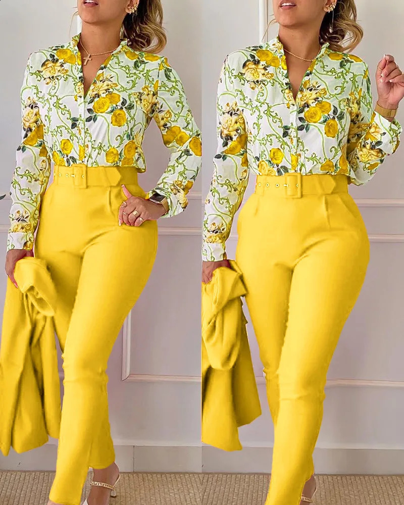 Casual Long Sleeve Shirt Pants Set Office Lady Fashion Elegant V Neck Floral Print Trousers Two Piece Set Women Outfit 240813