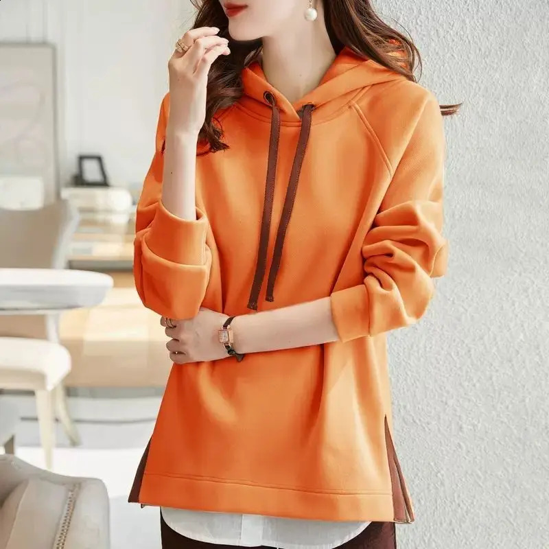 Spring and Autumn Fashion Trend Minimalist Casual Loose Oversize Long Sleeved Hem Split Hooded Tie Up Sweater for Women 240812