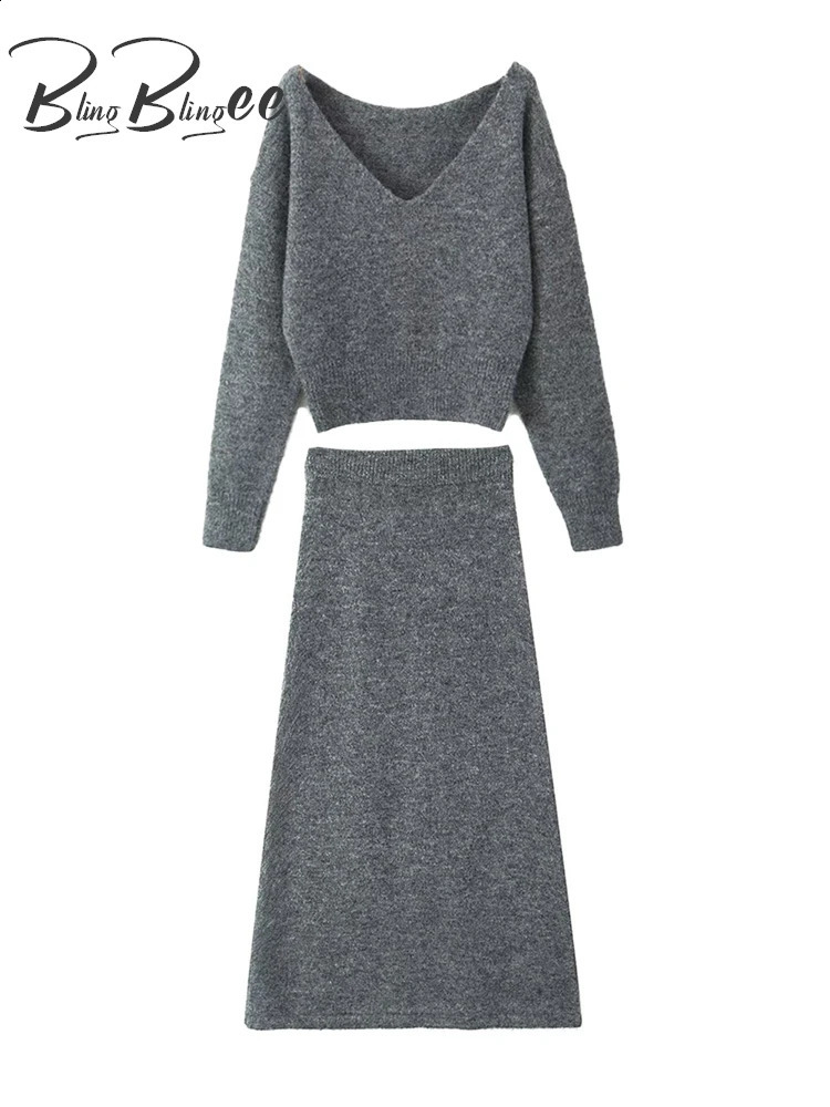 BlingBlingee Womens Knitted Set Traf Autumn Vneck Loose Sweater Pullover Top Elastic Waist Long Dress Grey 240809