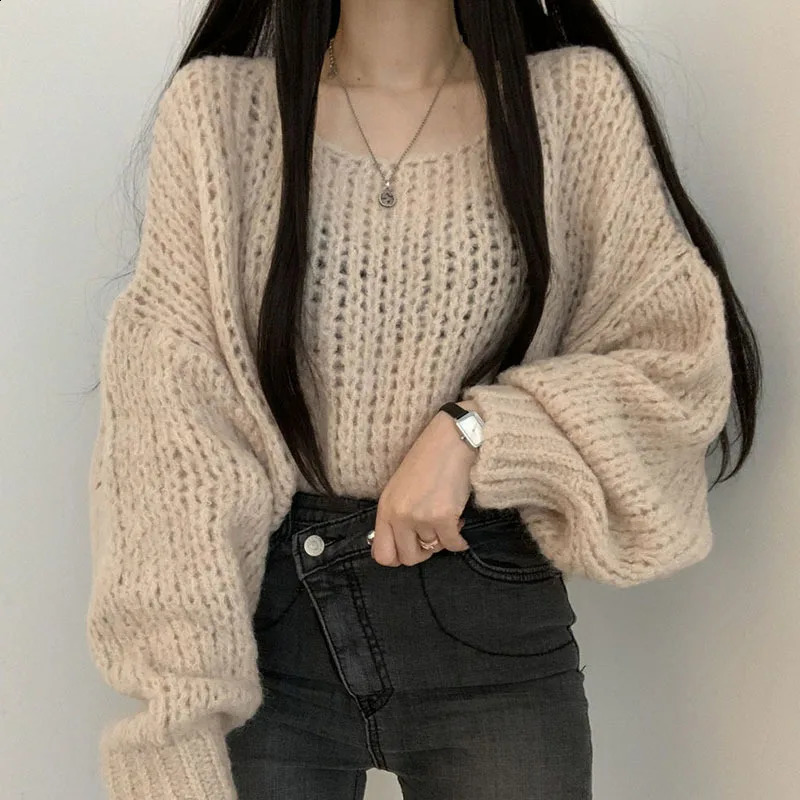Autumn and Winter Womens Pullover Round Neck Solid Color Hollow Lantern Long Sleeve Sweater Knitwear Fashion Casual Loose Tops 240813
