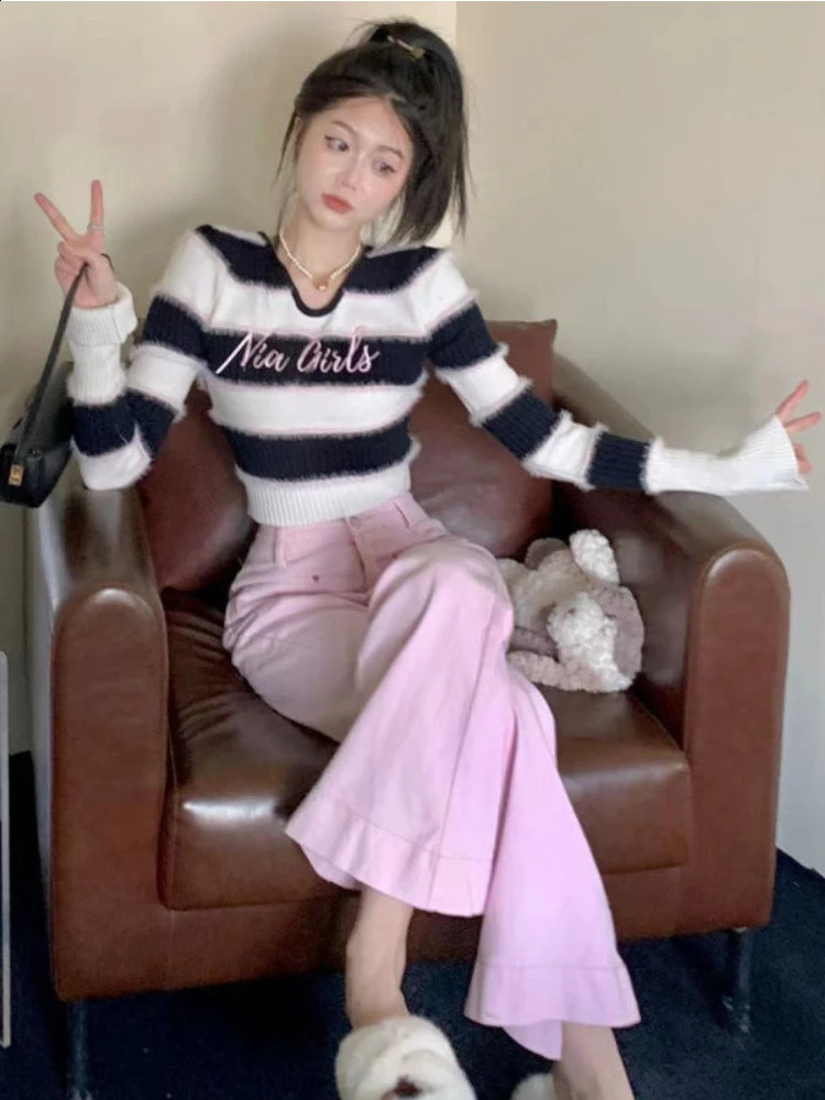 Deeptown Y2K Vintage Striped Cropped Sweater Women Harajuku Kpop Slim Long Sleeve Pullover Korean Contrast Knitwear Tops Jumper 240812