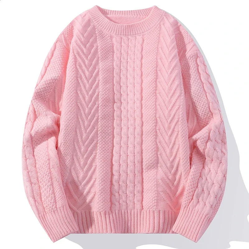 Autumn Winter Knitted Mens Casual Sweater High Quality Round Neck Twists Weaving Pink Pullover Men Fashion Warm Sweater 240812