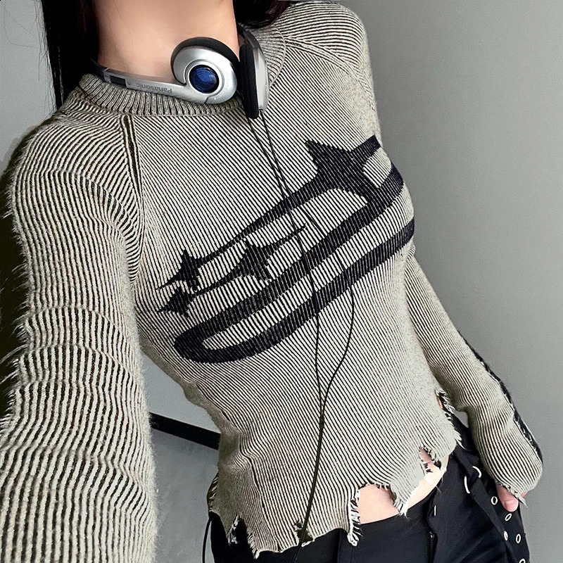 Y2K Ripped Vintage Sweater Harajuku Patchwork Print Long Sleeve Jumpers For Women Autumn Winter Basic Pullovers Street Style 240812