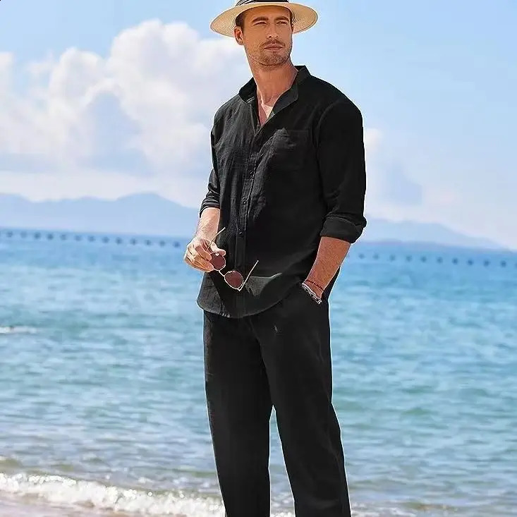 Mens casual linen twopiece set European style retro basic top and solid pants 240812
