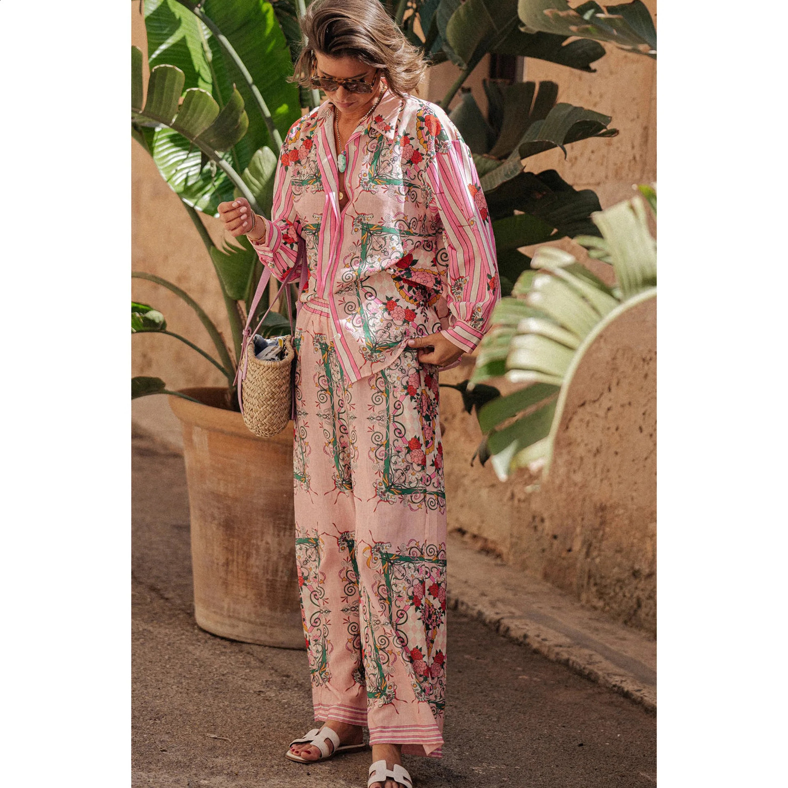 trend casual print womens long sleeved shirt set top and loose pants chic 2piece fashion 240809