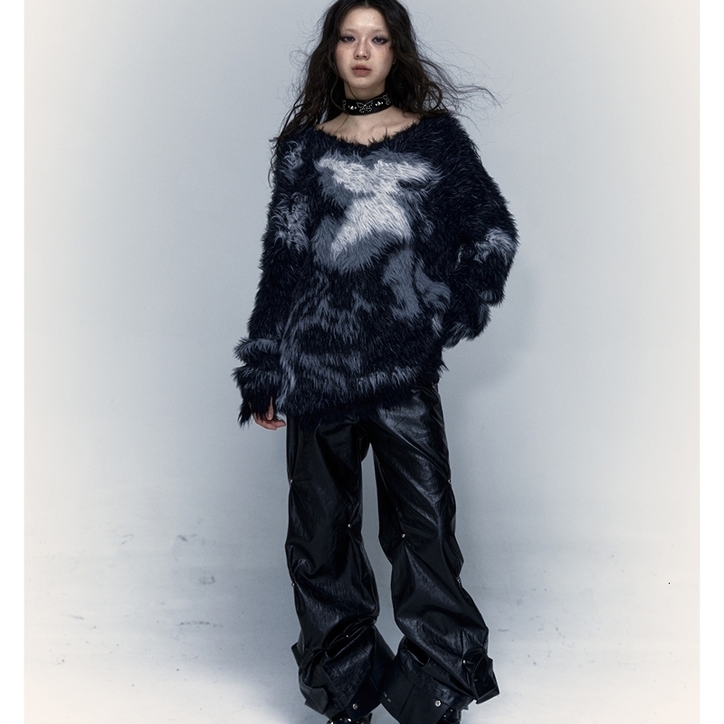 Women Black Gothic Mohair Pullover Knitted Sweater Harajuku Y2k Long Sleeves Sweater Jumper Vintage 2000s Aesthetic Clothes 240812