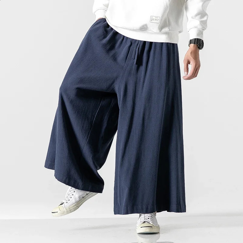 Chinese Style Cotton Linen Men Clothing Casual Wide Pants Loose Plus Size Breathable Comfortable Harajuku Oversized Men Trousers 240814