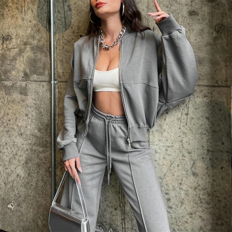 Women Loose Fit Suit Womens 2-piece Tracksuit Set with Stand Collar Coat Wide Leg Pants Solid Color Zipper Closure for Casual 240812