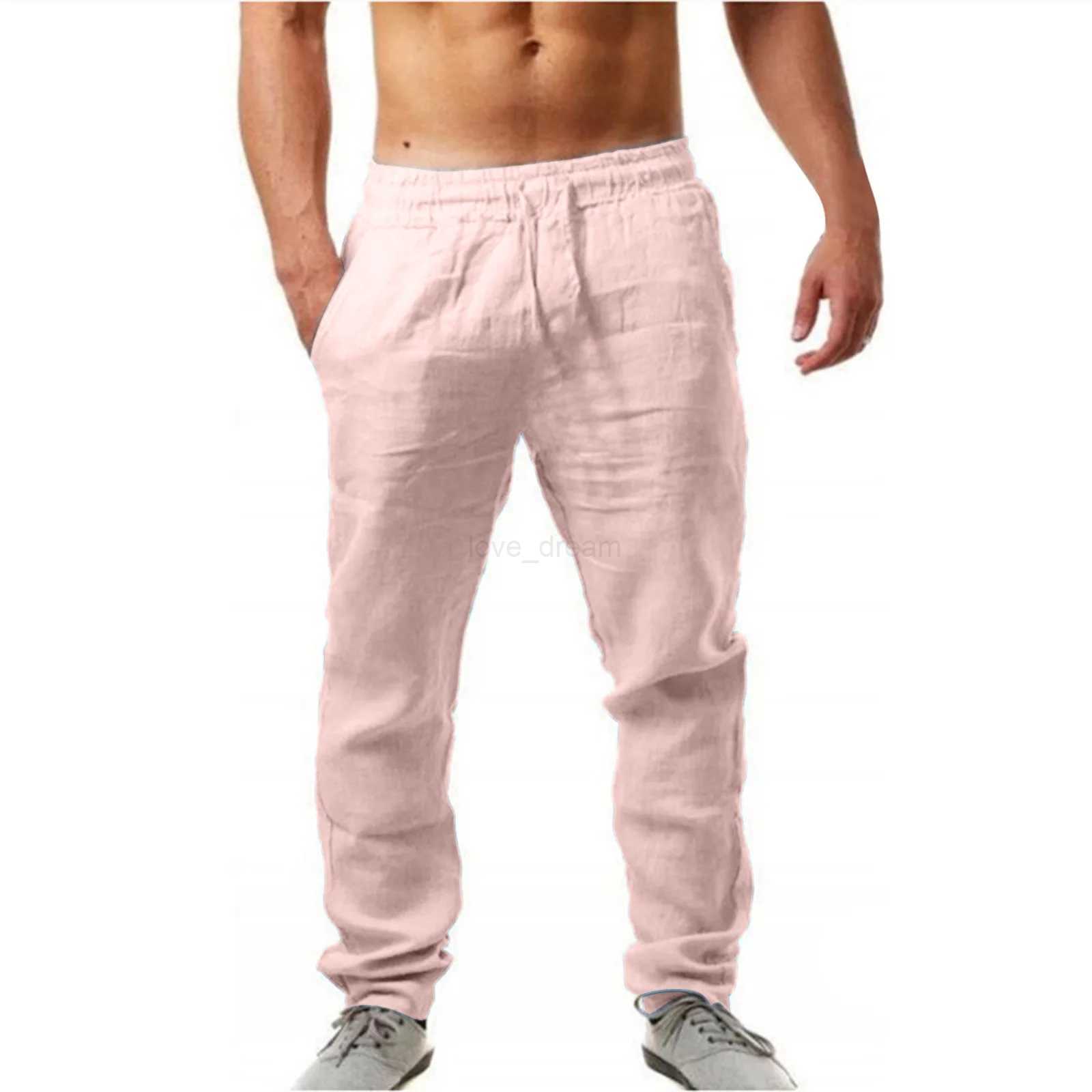 Pants Men Cotton Linen Trousers Joggers Casual Solid Elastic Waist Straight Loose Sports Running Pants Plus Size Mens ClothingXJ240813