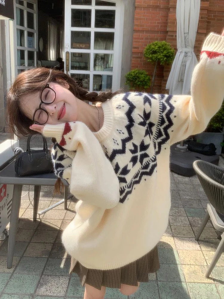 Jmprs Vintage Harajuku Print Sweater Women Japan Preppy Style Knitted Jumper Lazy Wind Loose Long Sleeve Retro O Neck Tops 240812