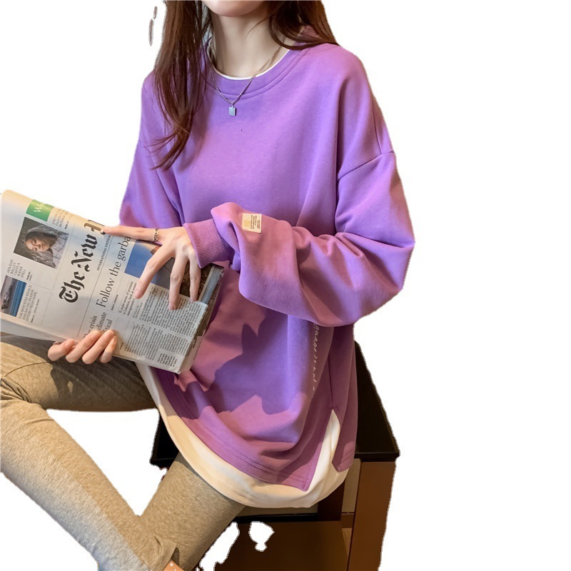 new side slit long sleeved T shirt women round neck pullover fake two piece autumn winter hoodie for women c414c
