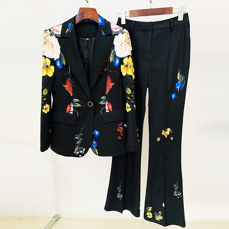 Get Spring Womens Pants Set Autumn Printed Single Button Jacket Coat High Waist Long Flame Two Piece 240812
