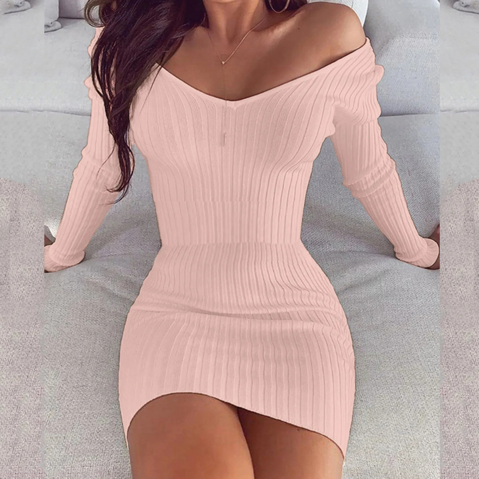 Sexy Off Shoulder Long Sleeve Bodycon Dress For Women Spring Autumn White Knitted Sweater Mini Woman Dresses Robe Femme 240807