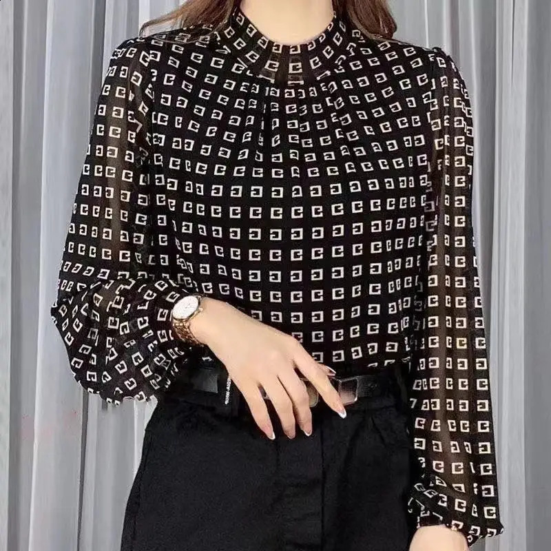 SpringAutumn Half High Collar Plain Fashion Printed Tshirt Patch Work Womens Clothing Long Sleeve Gauze Zipper 240812
