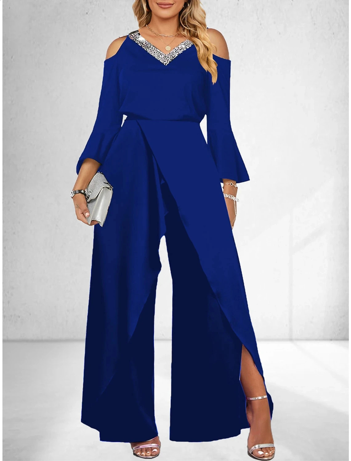 Womens Sequin Solid V Neck Business Elegant Wide Leg Loose Sleeve Bell Sleeve Jumpsuit 240813