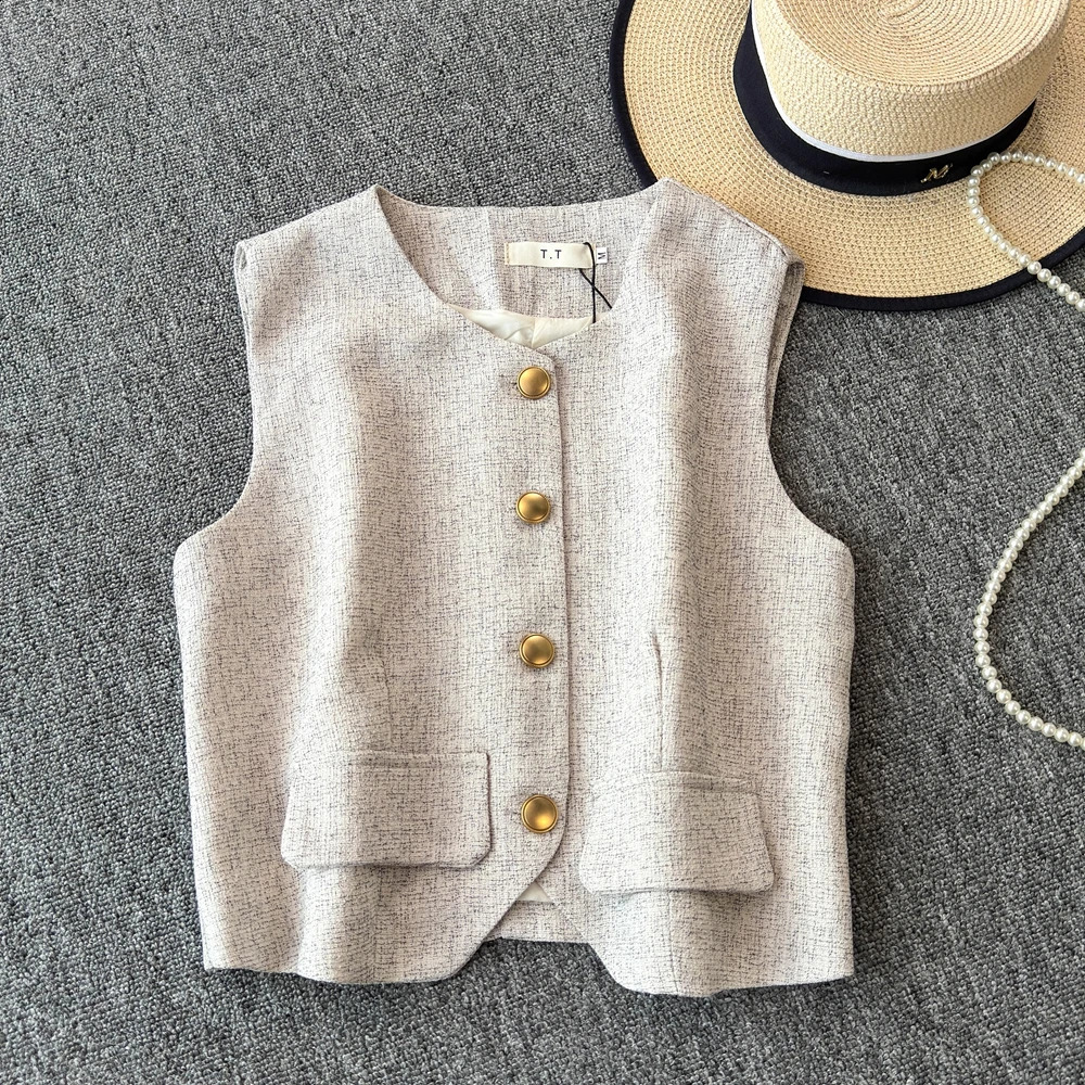 Chic Short Sleeve Coat Top Tweed Short Jacket For Women Vintage Small Fragrant Vest small gold buckle Outwear 240812