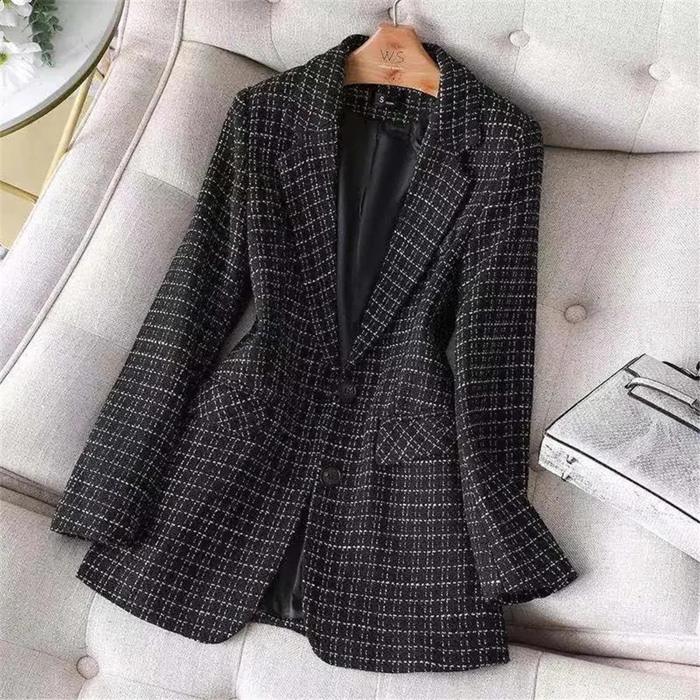 Spring Women Jacket Tweed Woolen Coats Female Casual Thick Blazers Outerwear Long Sleeve Suits Female Tops Lady Office Blazer 240812