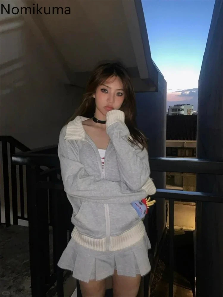 Patchwork Knit Stand Neck Hoodie Womens Clothing Casual Fashion Zipper Outwear Y2k Tops Solid Color Vintage Sweatshirts Jackets 240812