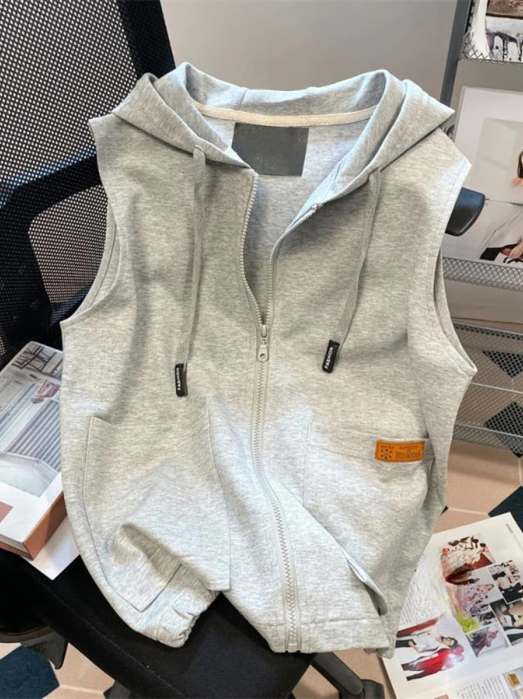 Preppy Style Hoodies Solid Color Pockets Zipper Sleeveless Vests Sweatshirts Simple Plus Size All Match Vintage Women Clothing 240812
