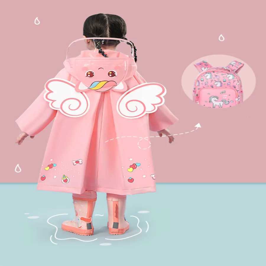 A boy girl casual cute unicorn print waterproof hooded raincoat long sleeve zipper hooded poncho childrens raincoat outdoor Y240810